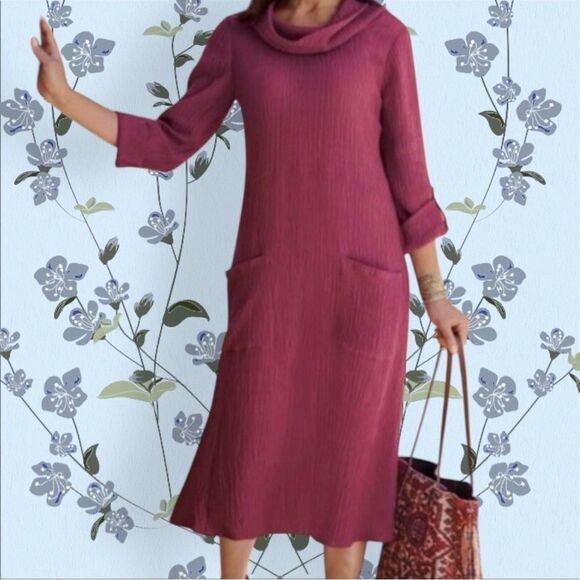 NEW Soft Surroundings Everly Berry Dress Roll Tab Sleeves Pullover Midi XL(18) - Picture 1 of 12